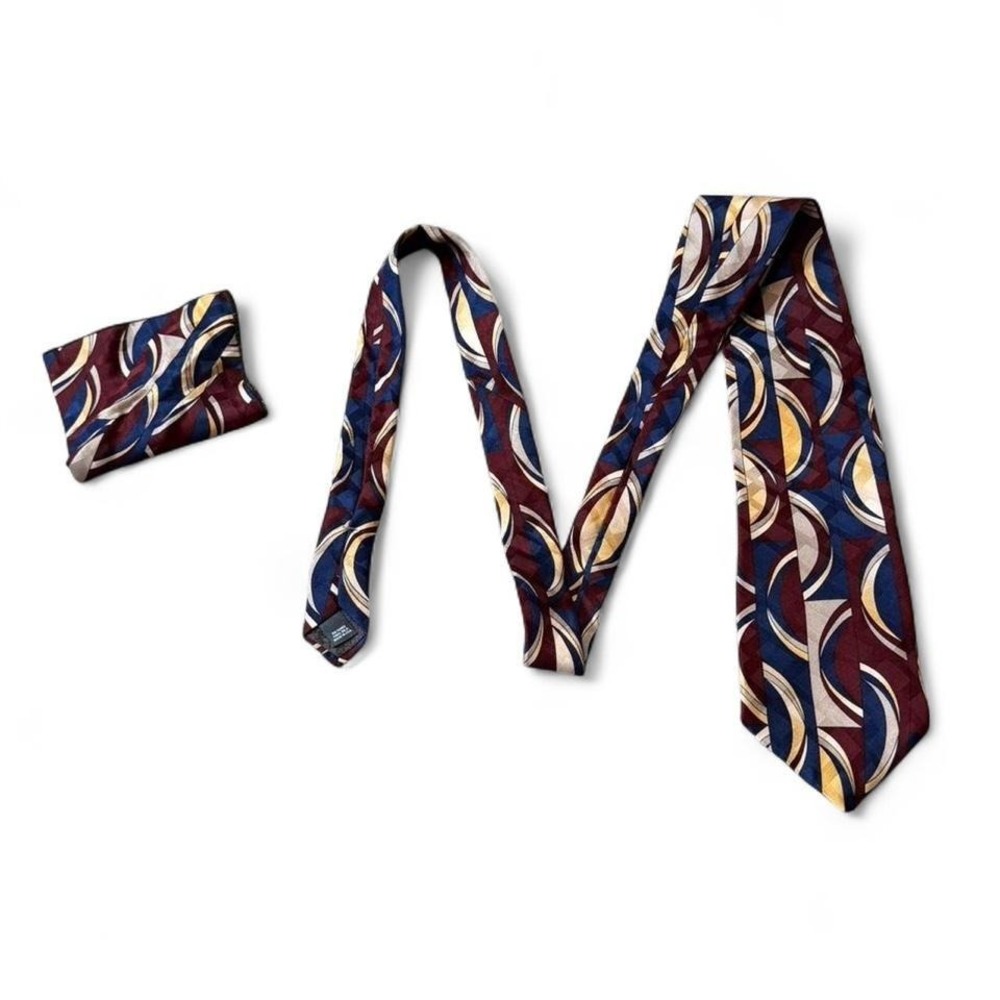 Vintage 90s Palani 100% Silk Abstract Retro Geometric Tie & Pocket Square